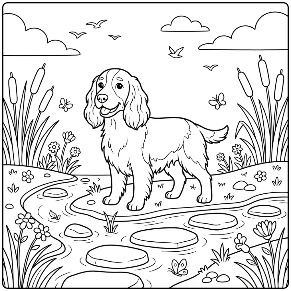 English Springer Spaniel at the River coloring page