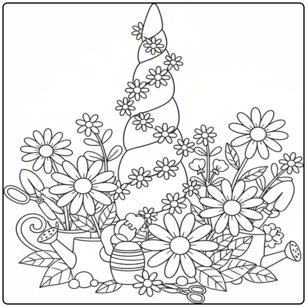 Fantasy Unicorn Horn and Flowers in the Spring coloring page