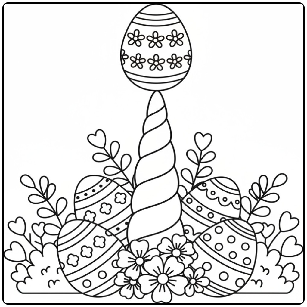 Fantasy Unicorn Horn Easter and Decorated Eggs coloring page