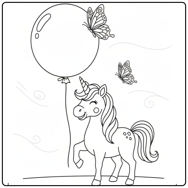 Fantasierijke Unicorn Balloon Butterflies coloring page