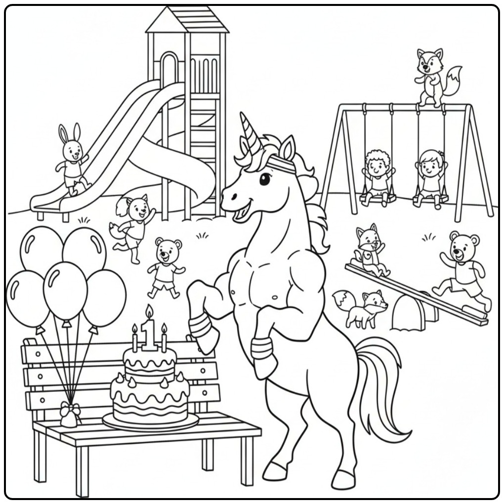 Party in the Playground Unicorn Birthday coloring page