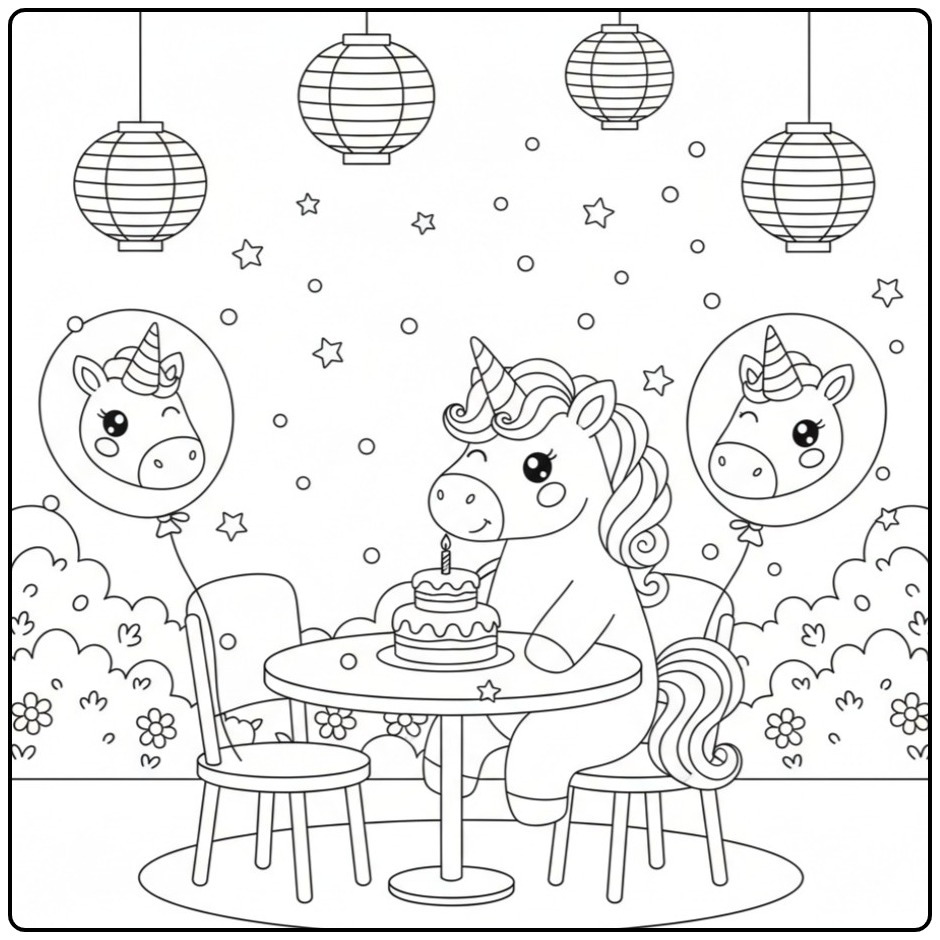 Party Unicorn with Birthday Balloons and Confetti 1 coloring page