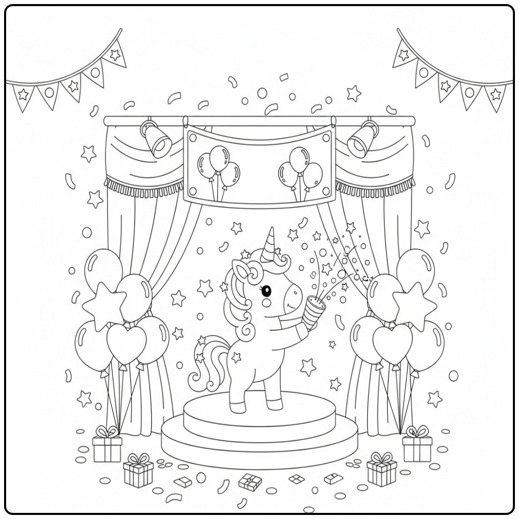 Party Unicorn with Birthday Balloons and Confetti coloring page