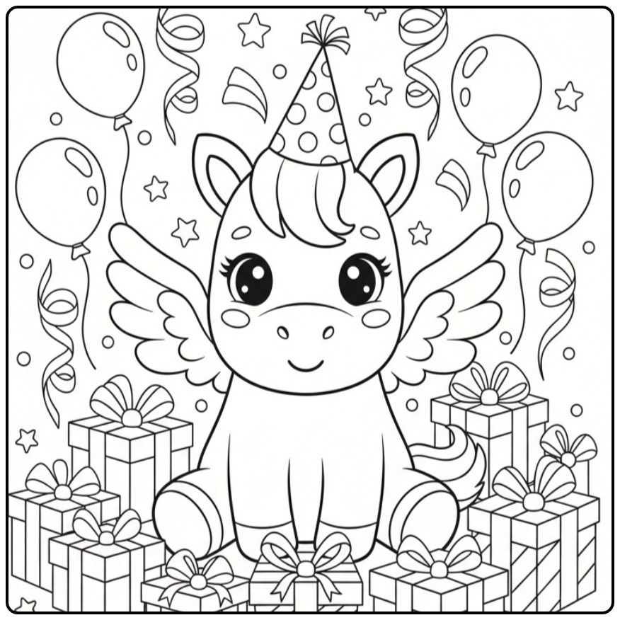 Party Verjaardagscoloring Page Unicorn with Wings and Gifts coloring page