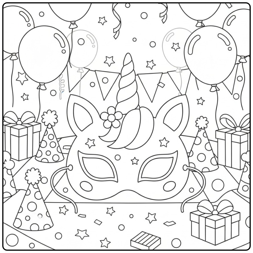 Festive Unicorn Verjaardags Mask for Hours Coloring Fun coloring page