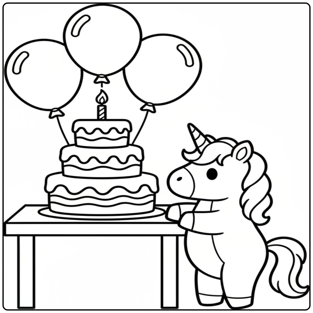Festive Baby Unicorn Balloons and Cake coloring page