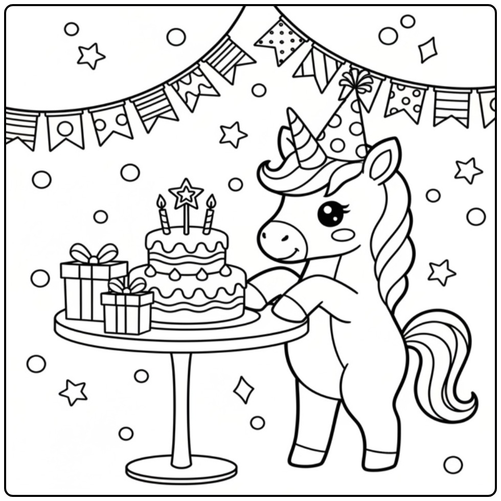 Festive Baby Unicorn Gifts and Streamers coloring page