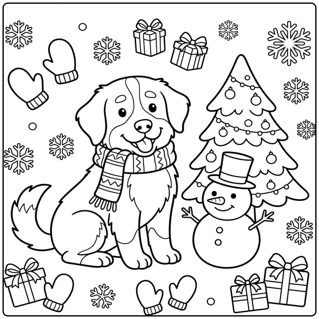 Christmas Bernese Mountain Dog with Snowman coloring page
