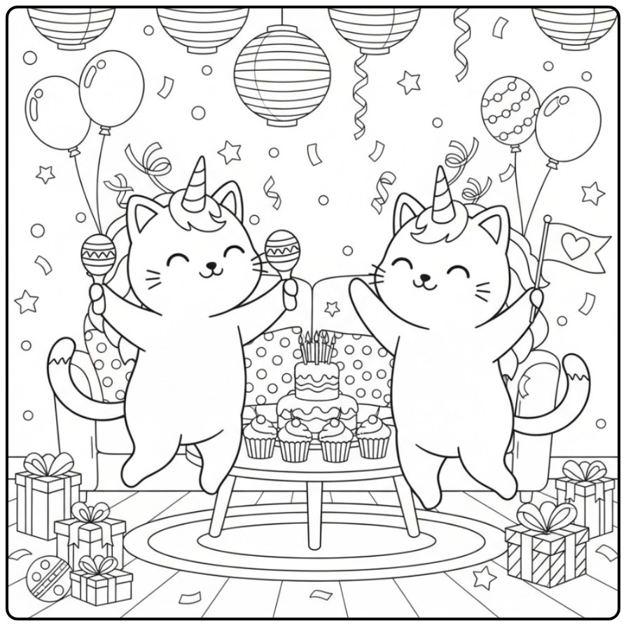 Festive Unicorn Cat Birthday coloring page