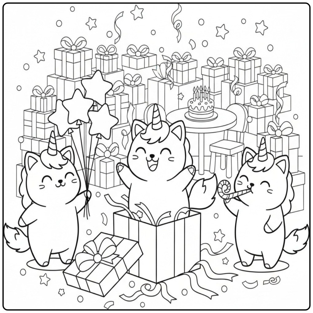 Festive Unicorn Cat Birthday coloring page