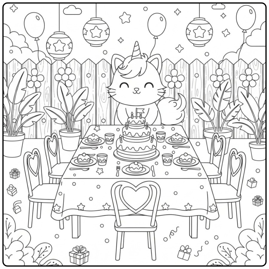 Festive Unicorn Cat Birthday for Children coloring page