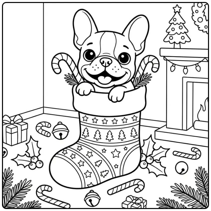 Festive French Bulldog Christmas Puppy coloring page