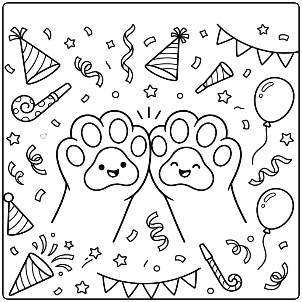 Festive Dog Paw with Stars and Streamers coloring page