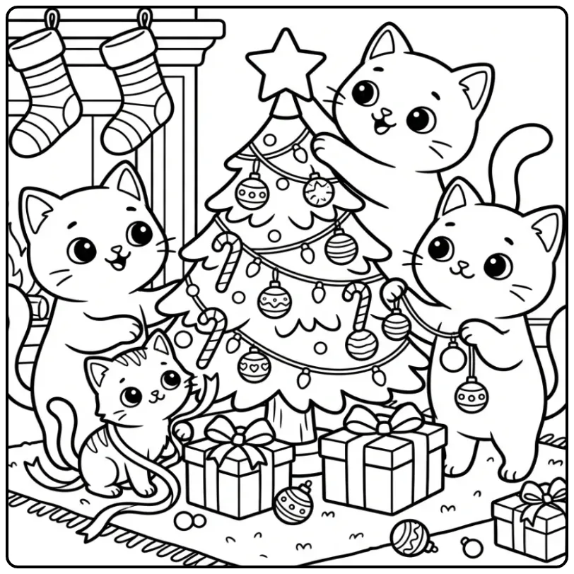 Festive Cats with Gifts coloring page