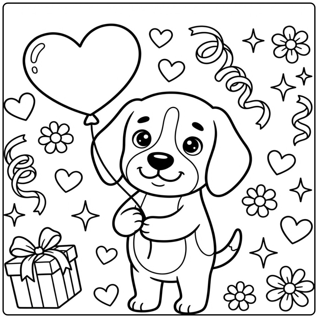 Festive Beagle with Confetti and a Big Balloon coloring page