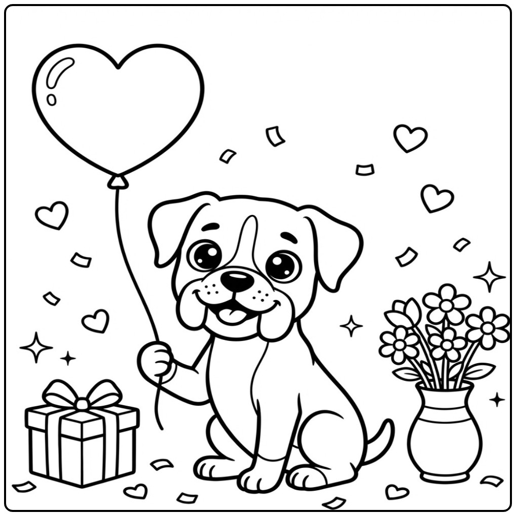 Festive Boxer Dog with Flowers and a Balloon coloring page