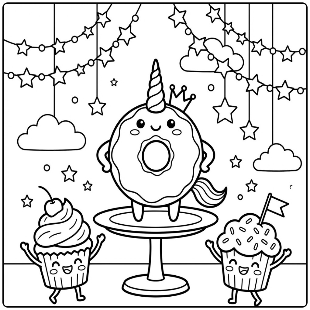 Festive Donut Unicorn on a Cute Party coloring page