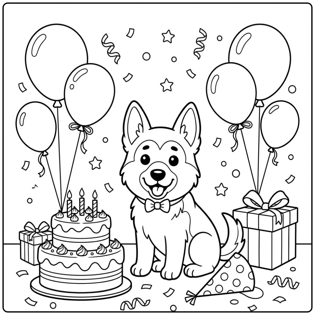 Festive German Shepherd with Cake and Balloons coloring page
