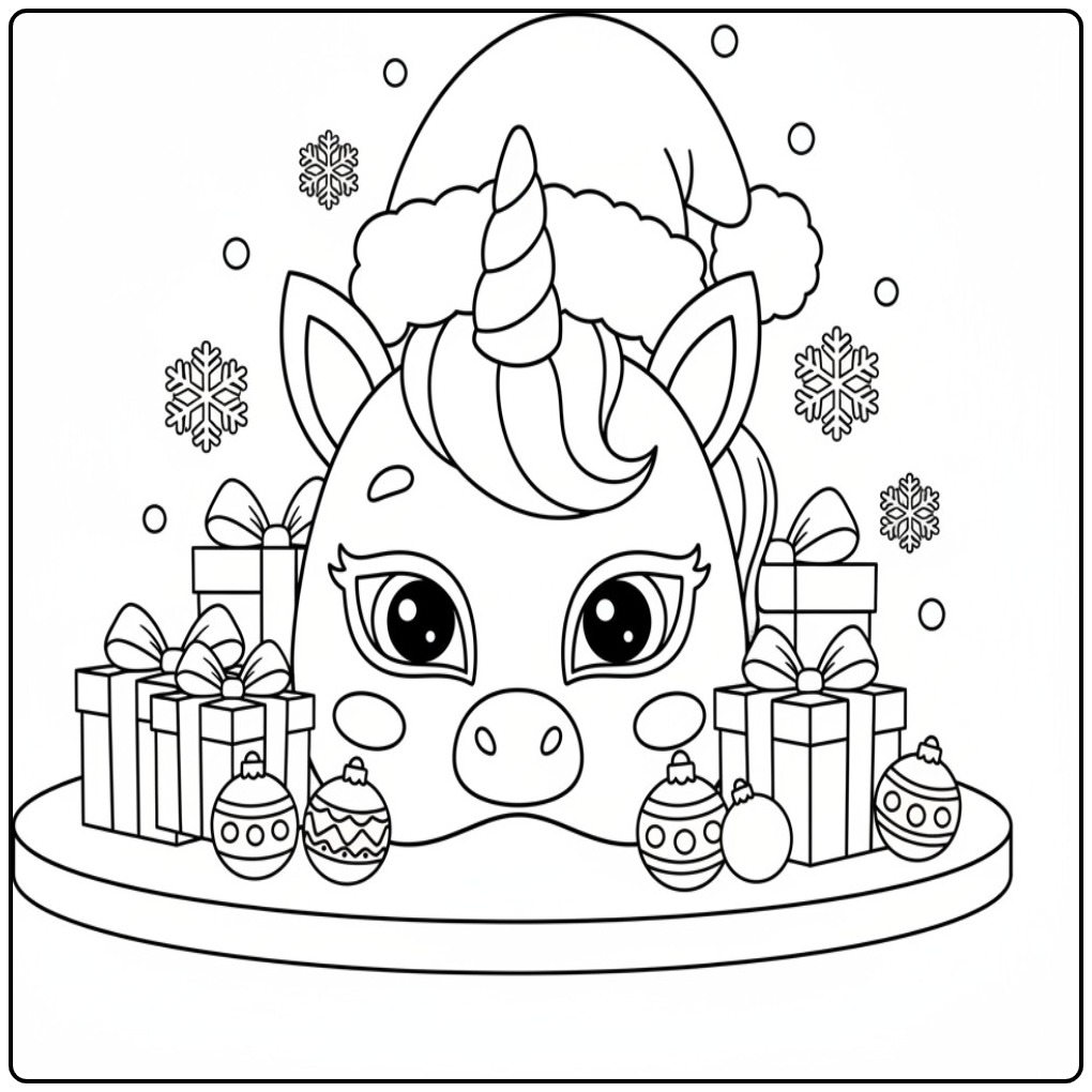 Festive Unicorn Christmas Mask with Gifts and Snowflakes coloring page