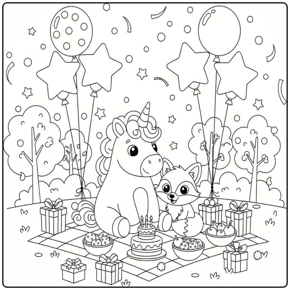 Festive Unicorn with Birthday Balloons and Confetti 1 coloring page