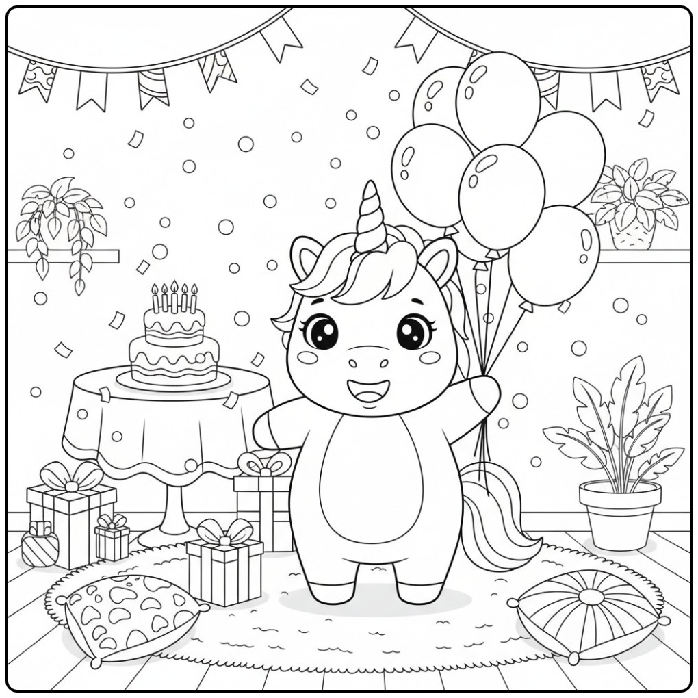 Festive Unicorn with Birthday Balloons and Confetti coloring page