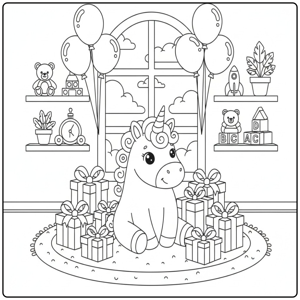 Festive Unicorn with Birthday Gifts coloring page