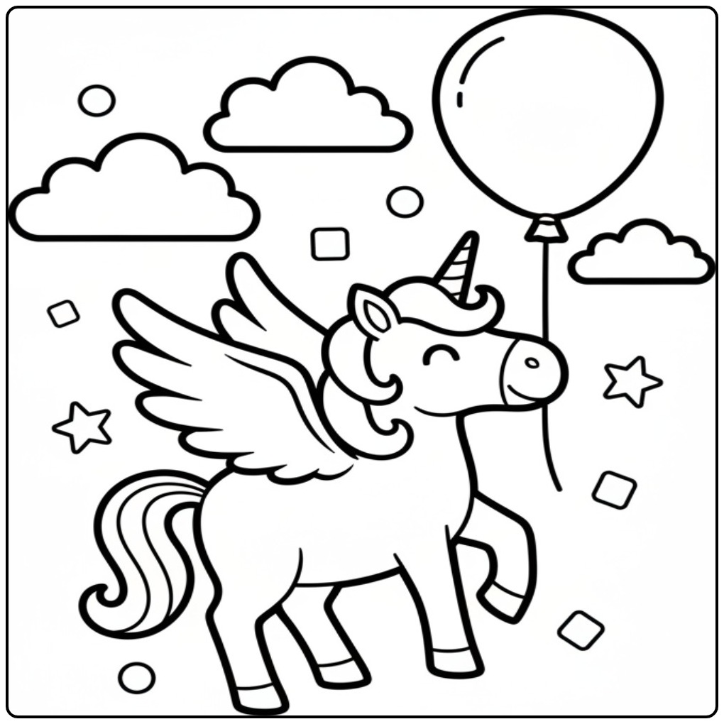 Festive Unicorn with Wings and a Balloon coloring page