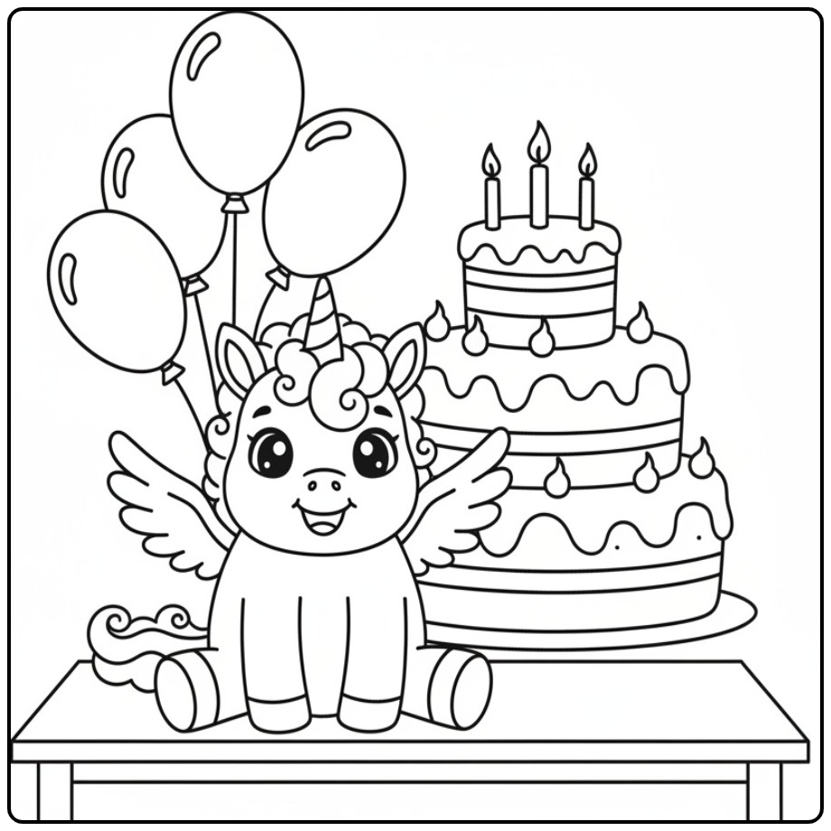 Festive Unicorn with Wings and a Big Cake coloring page
