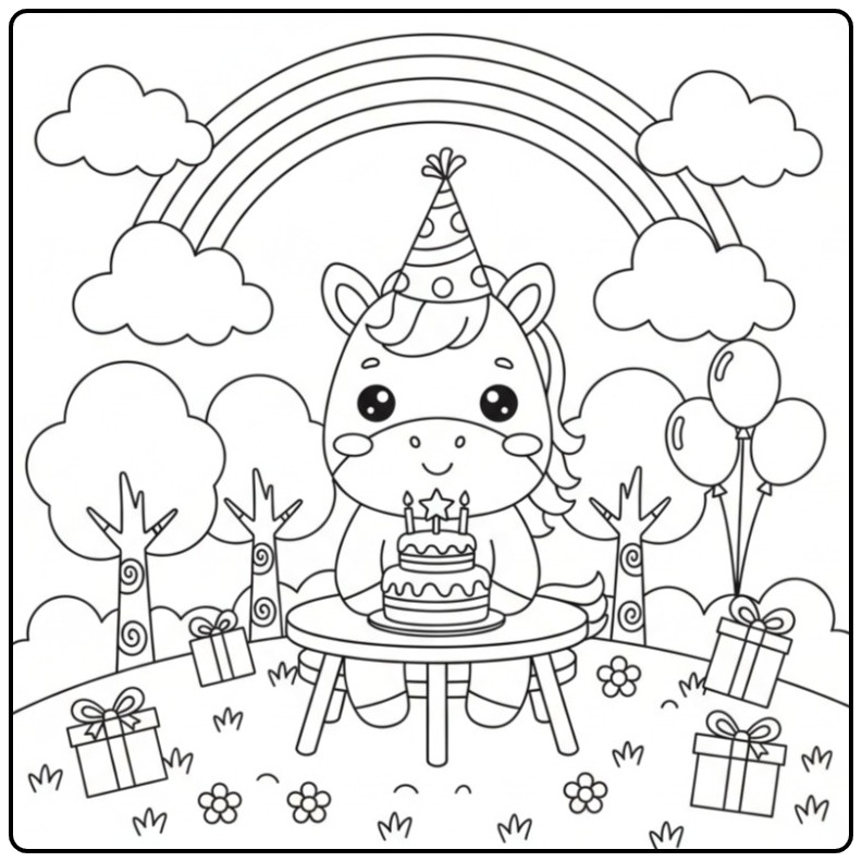 Festive Unicorn on a Rainbow Birthday Party coloring page