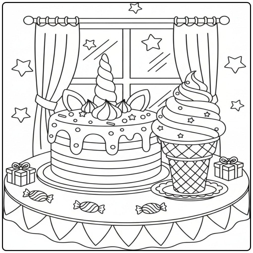 Festive Unicorn Birthday with Ice Creams and Gifts coloring page