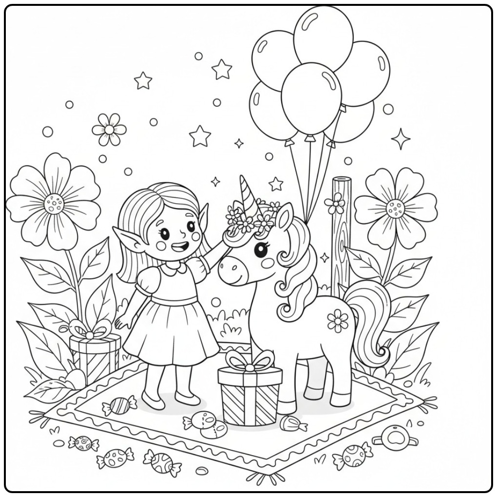 Festive Fairy and Unicorn Birthday Scene 1 coloring page