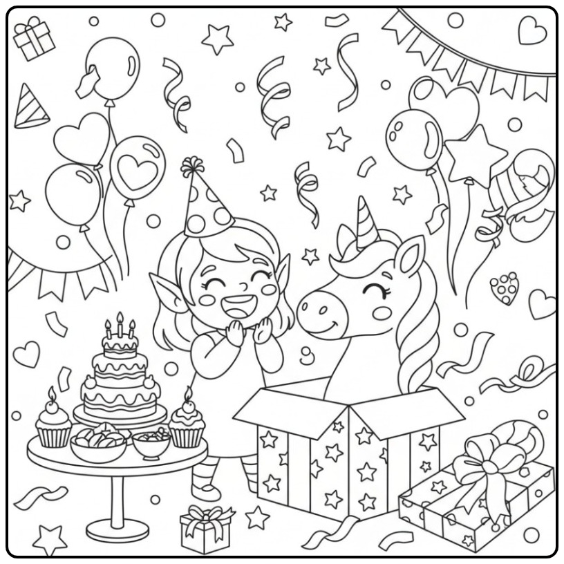 Festive Fairy and Unicorn Birthday Scene coloring page