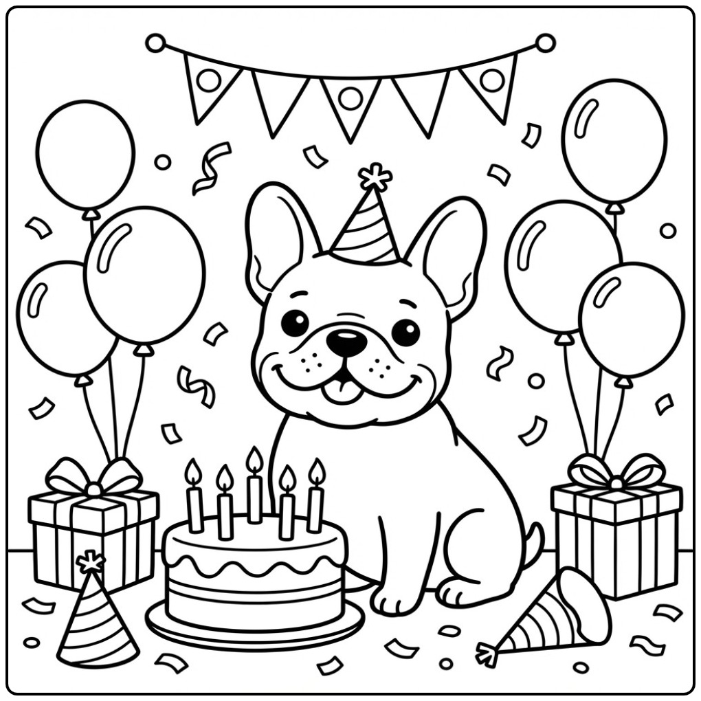 Festive French Bulldog with Cake and Balloons coloring page