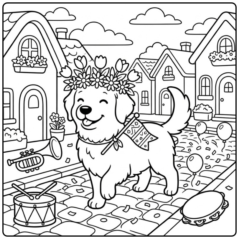 Festive Golden Retriever with Flower Crown coloring page