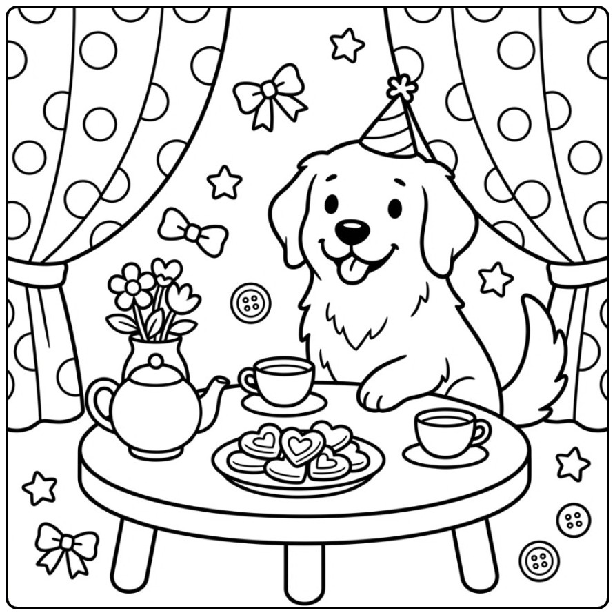 Festive Golden Retriever with Hearts Cookies coloring page