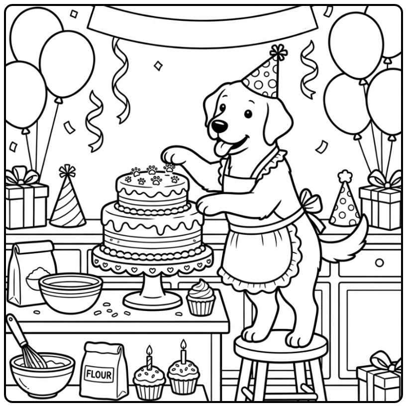 Labrador Birthday Dog Decorating a Cake coloring page