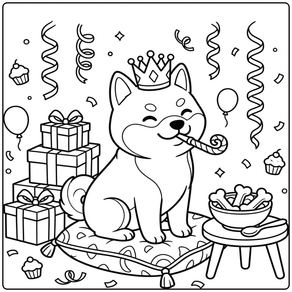 Shiba Inu Birthday Dog with Gifts and Treats coloring page