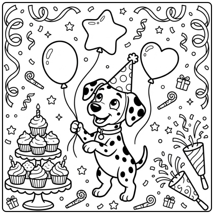 Dalmatian Birthday Dog Juggling Balloons coloring page