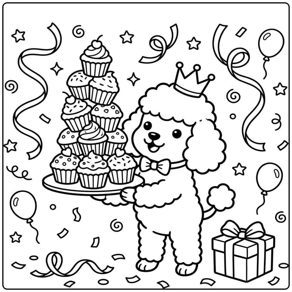 Poodle Birthday Dog Balancing Cupcakes coloring page