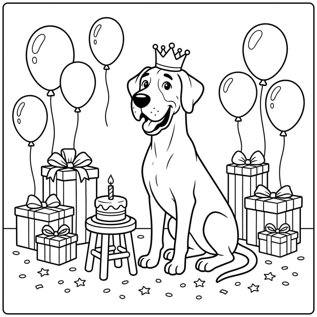 Great Dane Birthday Dog with Crown and Gifts coloring page