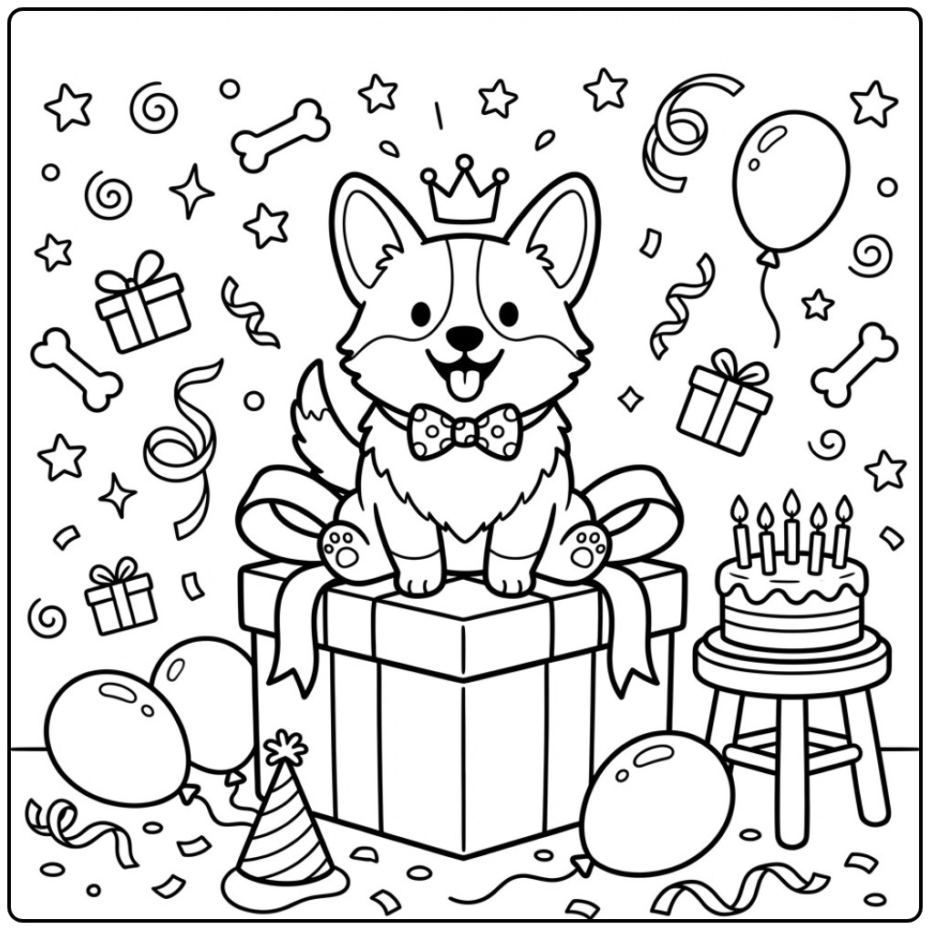 Corgi Birthday Dog Sitting on a Gift coloring page