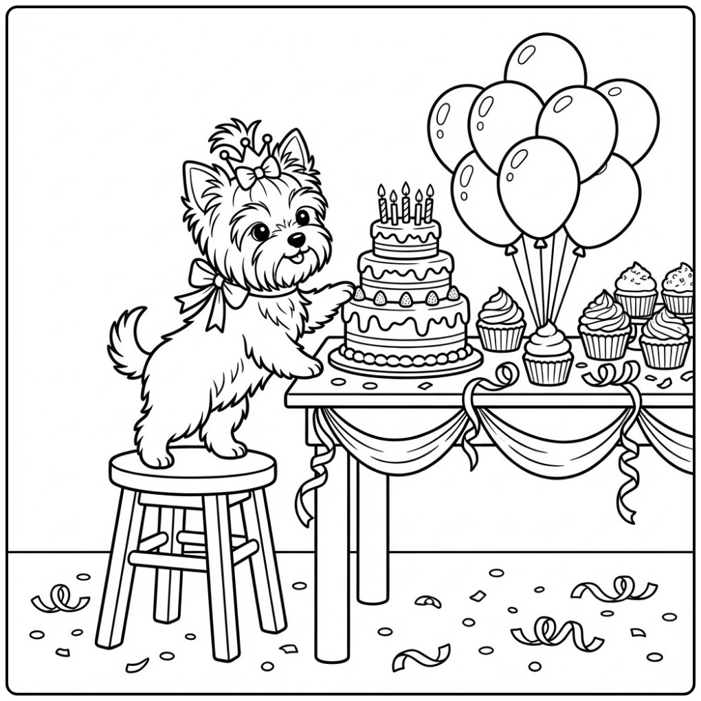 Yorkshire Terrier Birthday Dog with Cake coloring page