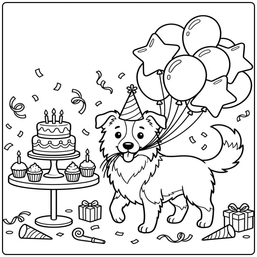 Border Collie Birthday Dog with Balloons coloring page