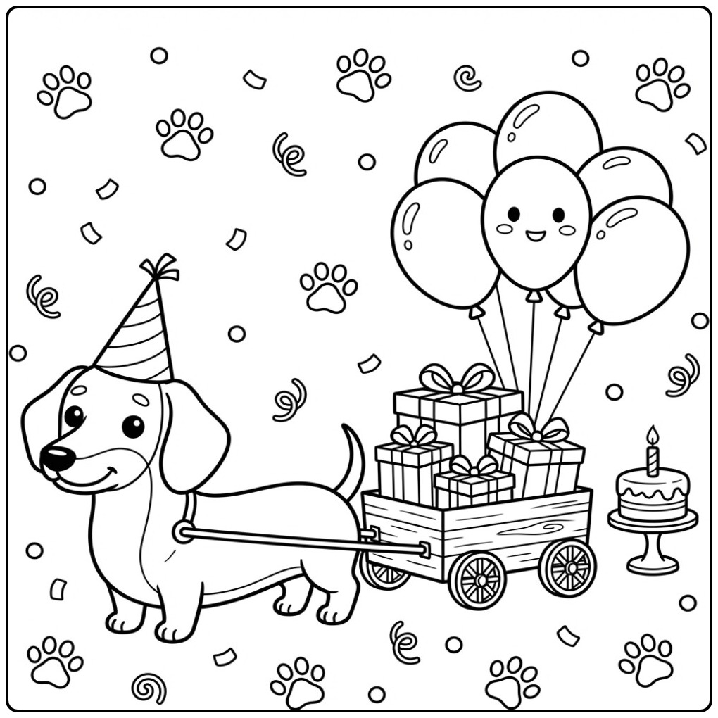 Dachshund Birthday Dog Pulling Gifts and Balloons coloring page