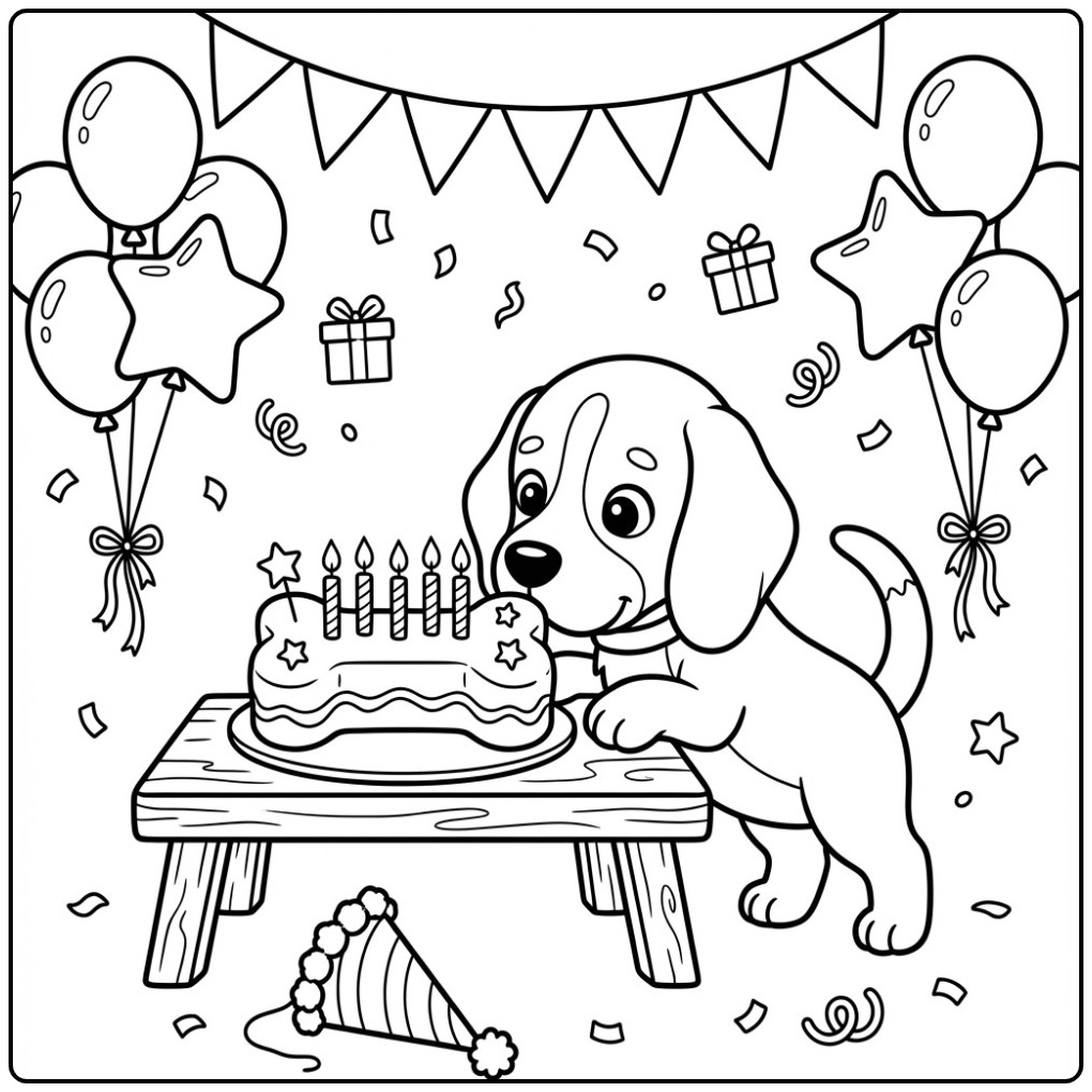 Beagle Birthday Dog with a Bone-Shaped Cake coloring page