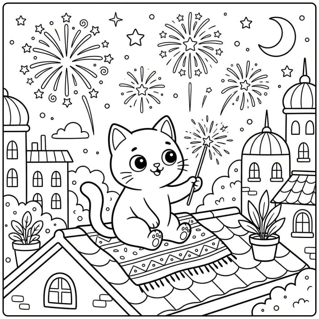 Easy Cat coloring page with sparkler and fireworks