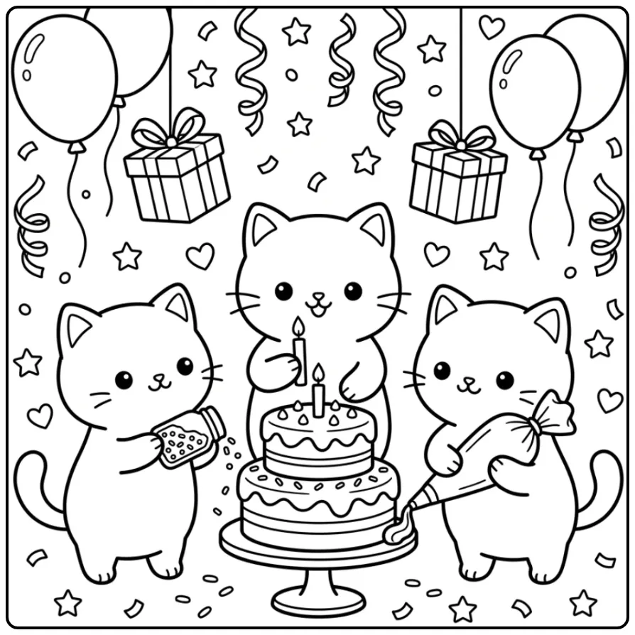 Kawaii Cat coloring page with kittens and birthday cake