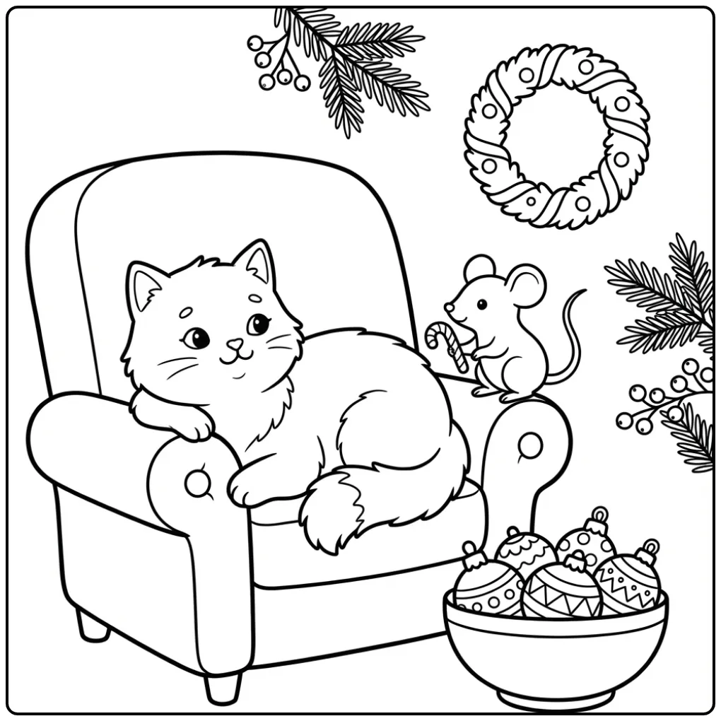 Christmas Cat coloring page with mouse and candy cane