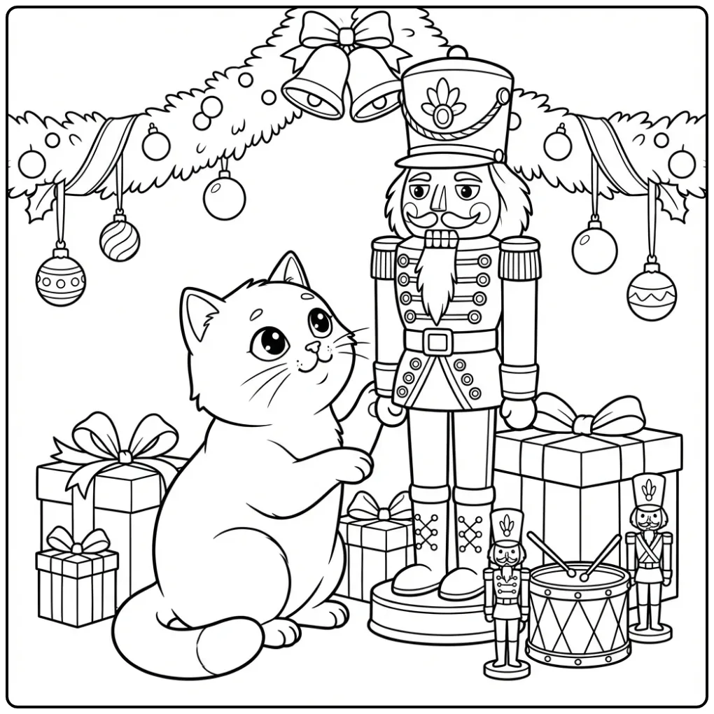 Christmas Cat coloring page by a nutcracker