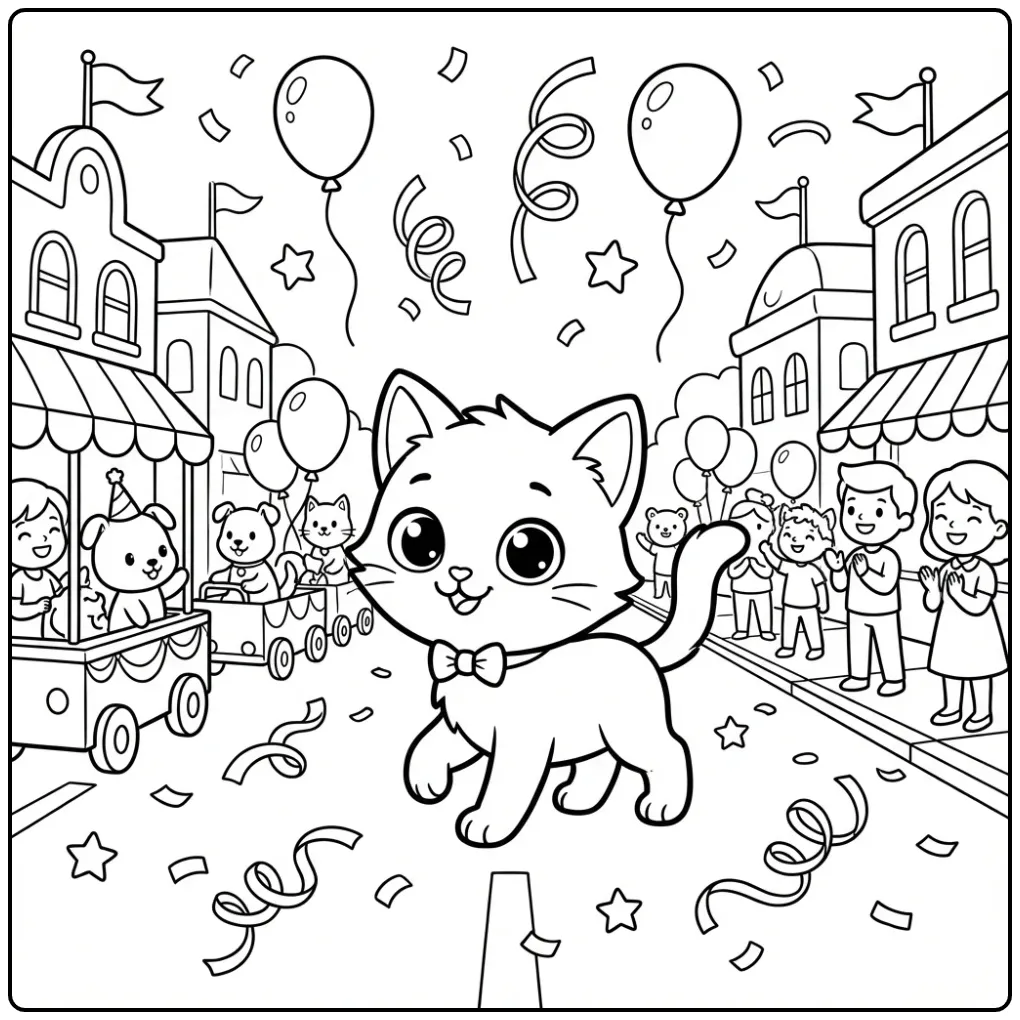 Festive Kitten with Balloons and Stars coloring page